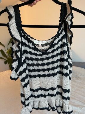 Solitaire Black & Cream Striped Ruffle Knit Tank
